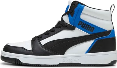 A side view of a Puma high-top sneaker.
