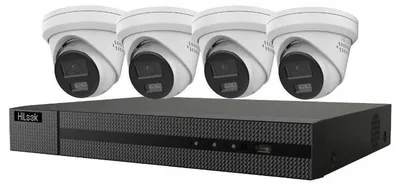 Imagen del producto de HiLook, tecnología HIKVISION. Kit de iluminación híbrida inteligente. Cámara tipo torreta de 6 megapíxeles. Disco duro de 2 TB. 1x NVR-108MH-C/8P. 4x IPC-T260HA-LUF