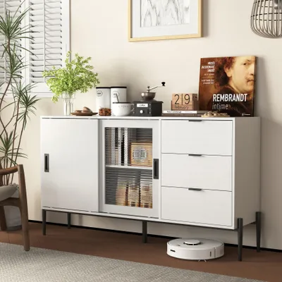 Image de MODFU Buffet Moderne Avec 3 Tiroirs Et 2 Portes Dont 1 Vitrée - Bahut De Rangement Pour Cuisine Ou Salon, 155 x 40 x 91,5 cm, Panneau De Particules - Blanc