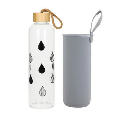 Produktbild von Glasflasche 1 Liter Bamboo Trinkflasche Borosilikatglas mit Neoprentasche