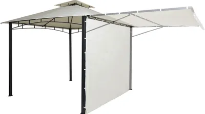 A cream-beige gazebo with a black frame and a movable side wall, shown against a white background.