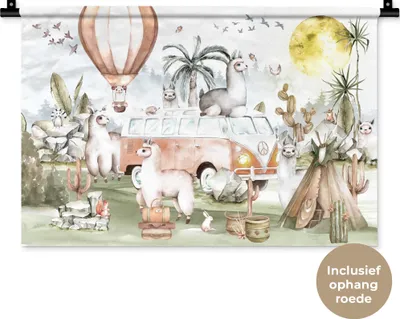 Produktbild von MuchoWow® Wandteppich Wandbehang Alpaka - Tiere - Kinder - Heißluftballon - Kinder 60x40 cm Tapisserie Dekoration Wandtuch - Wanddekorationen