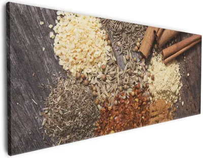 Produktbild von Wallario Premium Leinwandbild Aromatische trockene Gewürze in der Küche in Größe 80 x 200 cm