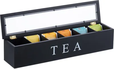 Immagine prodotto di Theedoos - 6 scomparti - Bambù - 9 x 43,5 x 9 cm - Contenitore per capsule di tè e caffè - Scatola per tè con coperchio - Nero