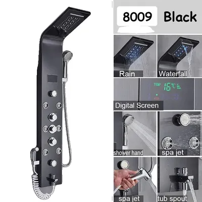 Produktbild von Luxus-Duschpaneel, Wasserfall-Regen-Design, Massage-Düsen und Bidet-Armatur, Schwarz 8009