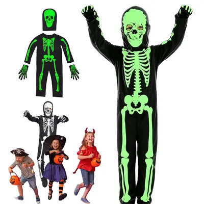 Zdjęcie produktu dla Kostium szkieletu na Halloween dla dzieci, marki Juksun, rozmiar 122-134 cm, świecący w ciemności, z maską. Idealny na karnawał i Halloween