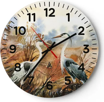 Produktbild von Wanduhr - Rund - Glasuhr - Kraniche Vögel Herbst - 40x40cm - Schleichendes Uhrwerk - Lautlos - zum Aufhängen bereit - Dekoration Modern - Wanddekoration aus Glas - C4AR40x40-5077