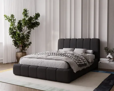 Obrázok produktu pre Čalúnená posteľ 180x200 Milan – dvojposteľ s úložným priestorom, posteľ s čelom – Boucle, čierna