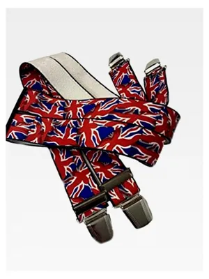 Produktbild von HOSENTRÄGER England - 35MM breite Hosenträger mit 4 Clips in H-Form, verstellbare elastische Hosenträger mit starkem Metallclip für Party, Fasching, Kostüm, Karneval in rot/blau