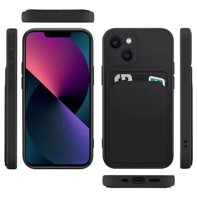 Multiple views of a black iPhone case with a card slot.