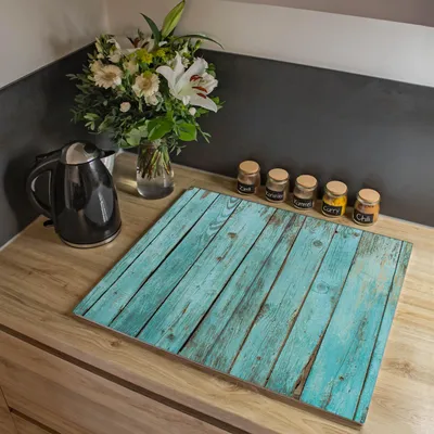 Produktbild von banjado Herdabdeckplatte zweiteilig je 30x52cm groß mit Gummi Abstandshalter, ESG Sicherheitsglas mit Motiv Blaues Holz [HAP2 12205]