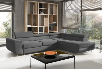 Produktbild von Ecksofa in L-Form ANTONIO - Höhenverstellbare Kopfstütze, Schenkel/Ottomane rechts oder links, Schlaffunktion&Bettkasten, Samtbezug in Dunkelgrau
