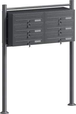 Produktbild von Wiltec 6er Briefkastenanlage Anthrazit 945 x 270 x 1200 mm, Standbriefkasten mit 2x3 Fächern, Schlüssel und Namensschild, Briefkasten Postkasten mit Ständer