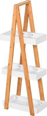 Image de Étagère de salle de bain en bambou - Étagère sur pied - 3 niveaux - 30 × 18 × 81 cm - Pour salle de bain/cuisine/buanderie - Naturel/Blanc