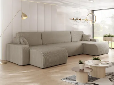 Produktbild von MIRJAN24 Wohnlandschaft Piano U Cord, Wohnzimmer Eckcouch mit Bettkasten und Schlaffunktion, Schwarze Füße, Wellenfeder, U-Form (Farbe: Poso 02)