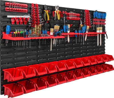 Image de Système de rangement Étagère d'atelier | 156 x 78 cm | 24 pièces Boîte | Étagère murale avec supports pour outils et boîtes empilables - Panneaux muraux Étagère à bacs extra-résistante Panneau perforé pour outils Étagère de rangement Étagère de garage
