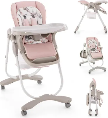 Produktbild von GOPLUS Baby Hochstuhl, kinderhochstuhl mit abnehmbares Doppeltablett, verstellbarer Rücklehne, Fußstütze & Sitzhöhen, Fütterungsstuhl mit Rollen, Rosa