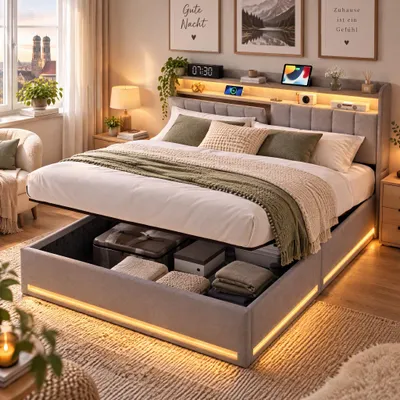 Produktbild von Polsterbett 140x200cm mit Bettkasten,LED Doppelbett mit Stauraum-Kopfteil und USB,Boxspringbett mit Lattenrost, Samt, Grau(ohne Matratze)