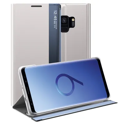 Immagine prodotto di Custodia Galaxy S9, Custodia sottile in pelle con finestra e supporto per Samsung Galaxy S9 Argento