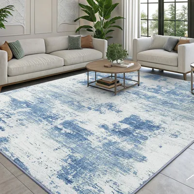 Productafbeelding van Vloerkleed 120x160 cm, machinewasbaar, antislip, laagpolig, kunstwol, voor woonkamer, ivoorblauw