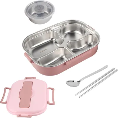 Produktbild von Edelstahl-Lunchbox, Tragbare 4-Gitter-Lunchbox mit Suppenschüssel, Lebensmittelaufbewahrungsbehälter für die Arbeit von Erwachsenen (mit Löffel und (Lunchbox mit vier Fächern