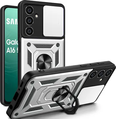 A product shot of a phone case with a ring holder and camera cover.