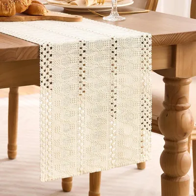 Immagine prodotto di Runner da tavolo beige, in macramè e pizzo, in cotone e lino, dimensioni 30 x 90 cm