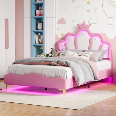 Produktbild von UnboxG Kinderbett 140x190 cm mit Wolken-Kopfteil und Krone, LED-Beleuchtung, Polsterbett aus PolyurethanKunstleder, Prinzessinnenbett mit Lattenrost, Rosa
