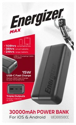 Produktbild von Energizer UE30050CC Tragbarer Akku 30000mAh Lithium Polymer Schwarz 3 USB-Anschlüsse