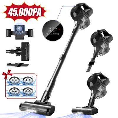 A collage of images showcasing a cordless vacuum cleaner and its accessories, with marketing text highlighting its suction power.