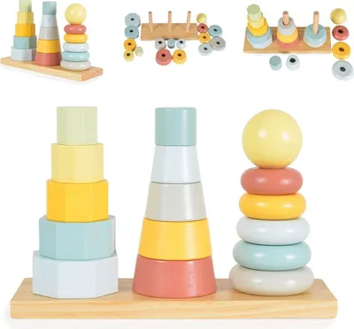 Produktbild von Tooky Toy Holz-Stapelturm-Set TKF008B, Formsortierer, bunte Stapelpyramiden bunt