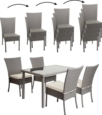 Produktbild von Poly-Rattan Garnitur HWC-G19, Sitzgruppe Balkon-/Lounge-Set, 4xStuhl+Tisch, 120x75cm - grau, Kissen creme