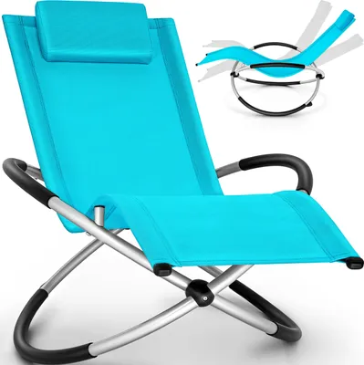 A blue rocking lounge chair with a headrest, shown from the front and slightly to the side. A smaller inset image shows the chair rocking.