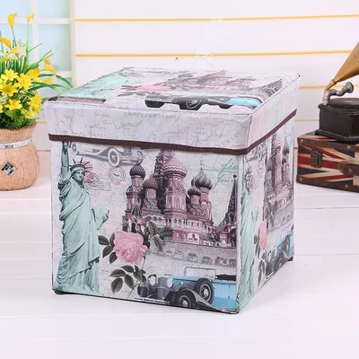 Produktbild von Faltbar Sitzhocker Sitzbank Aufbewahrungsbox Sitzwürfel Truhe Ottomane Möbel Eifellturm - Vintage