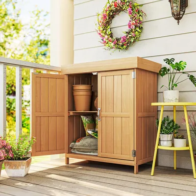 Produktbild von Sweiko Gartenschrank Tannenholz, Geräteschuppen wetterfest 74x43x88cm, Gerätehaus mit Doppeltür, 2 Fächern, Geräteschrank, Gartenhaus Werkzeugschrank Gartenschuppen für Garten, Terrasse, Natur