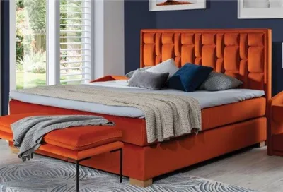 Produktbild von Casa Padrino Luxus Doppelbett Orange / Naturfarben - Modernes Massivholz Bett mit Kopfteil und Matratze - Moderne Schlafzimmer Möbel - Luxus Kollektion