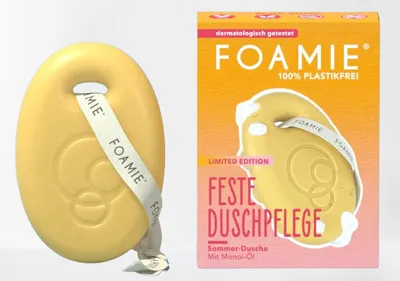 Produktbild von Foamie Festes Duschgel Limited Edition, Feste Duschpflege 3-in-1: Reinigt, Pflegt & Massiert mit Monoi-Öl Shower Body Bar Beach Please - 2er Set