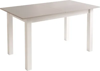 A white dining table with a light gray tabletop, shown from a slightly elevated angle against a white background.