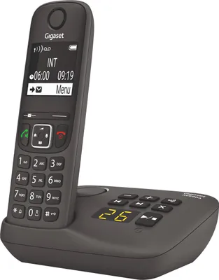 A cordless phone and its base are shown against a white background.
