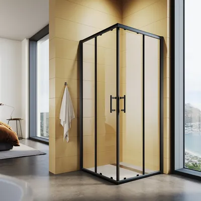 Image de SONNI Noir Cabine de douche accès d'angle double porte coulissante 76x76x195cm accès d'angle verre ESG Porte de douche Cabine de douche