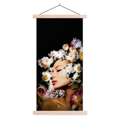 Produktbild von MuchoWow® Textilposter Frauen - Blumen - Rosen - Porträt 40x80 cm mit holzfarbenen Rahmen - Wohnzimmer