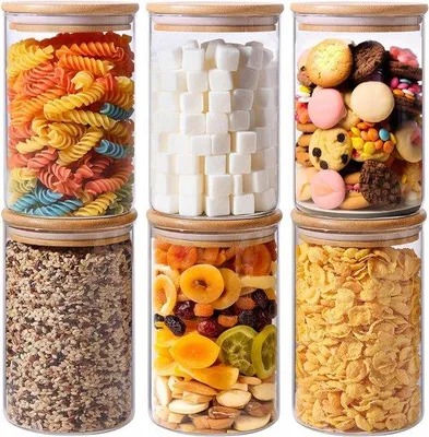 Immagine prodotto di Contenitori in vetro per alimenti - Set da 6 - Coperchi in bambù - 950 ml - Organizzazione della dispensa per la pasta