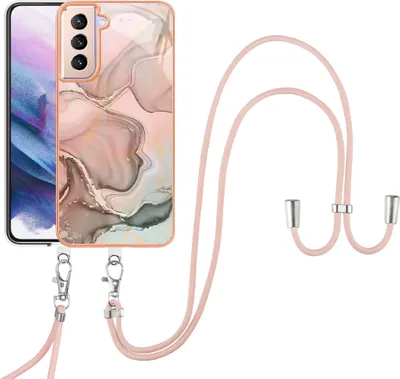 Image de Etui avec sangle pour Samsung Galaxy S21 Plus 5G, bumper TPU à motifs, étui de protection avec sangle ajustable Crème