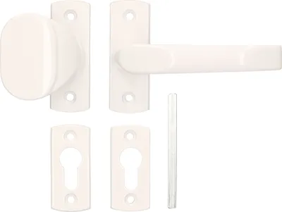 A set of white door handles and escutcheons on a white background.