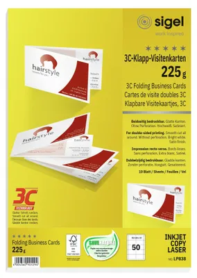 Produktbild von SIGEL LP838 Klapp-Visitenkarten, 3C, glatter Schnitt rundum, 180 x 55 mm, hochweiß, 50 Stück