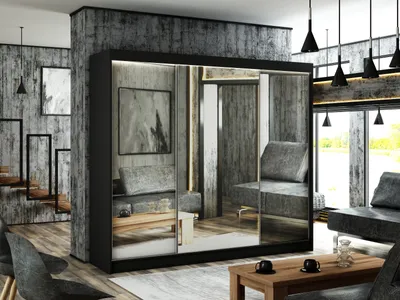 Produktbild von Kleiderschrank Elsa 250 cm inklusive 3 Schiebetüren mit Spiegel Kleiderstange Garderobe Schrank Lieferung bis in die Wohnung (Farbe: schwarz)
