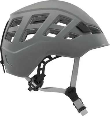A grey climbing helmet shown from the side.