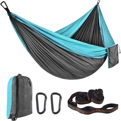 Produktbild von Outdoor Garten Reisehängematte Ultraleichte Doppelschicht Strapazierfähiger Fallschirm Nylon Max Nutzlast 300kg | 270x140cm | 2 Karabiner | 2 Riemen | Camping Wandern Trekking Hängematte (Blau)