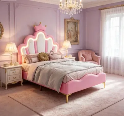 Produktbild von Kinderbett - Polsterbett 90x190 cm - LED Beleuchtung - Kopfteil in Kronenform - Lattenrost - Kiefernholzgestell - Rosa