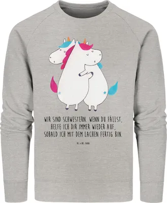 Produktbild von Mr. & Mrs. Panda Bio Baumwoll Pullover Einhörner Umarmen Größe XS - Heather Grey - Geschenk, Familie, Sweatshirt, Einhorn, Liebe, BFF, Pulli, Unicorn, Sweater
